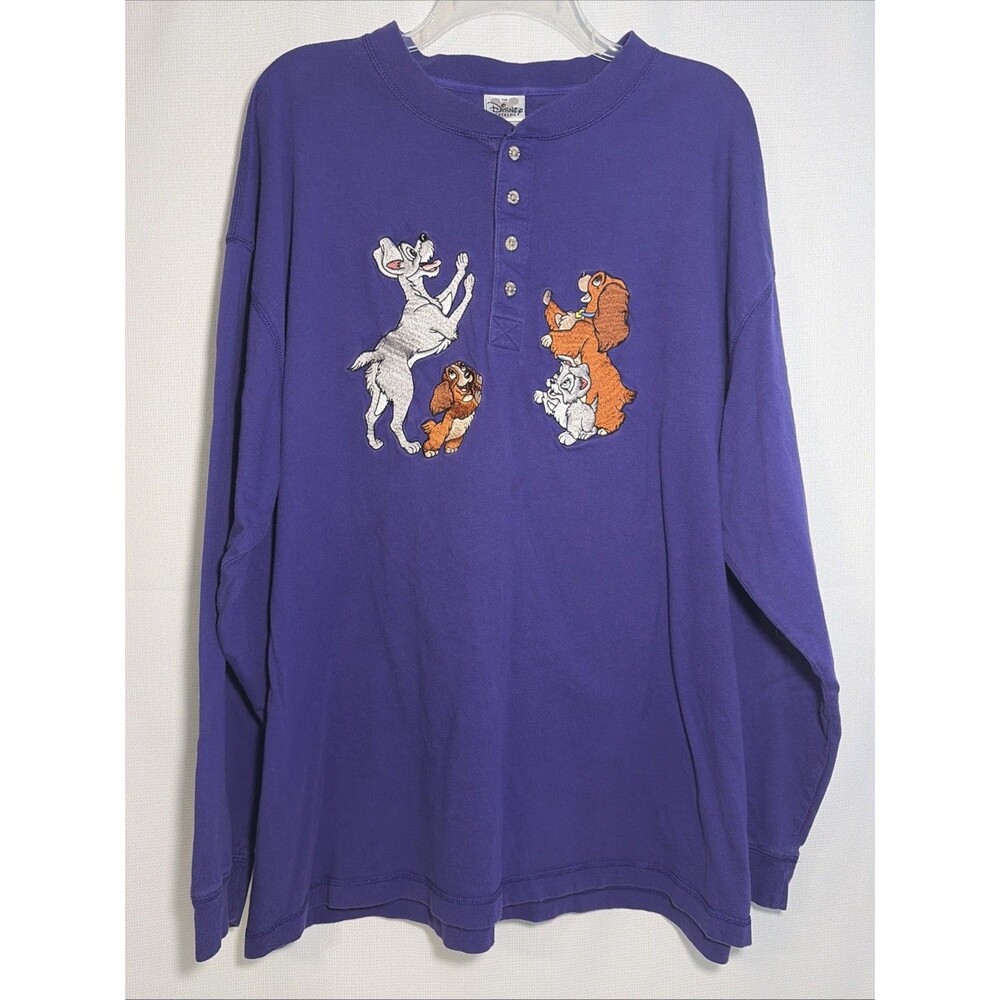 Vtg Disney Henley Shirt XXL Purple Lady & the Tramp Embroidered Long Sleeve